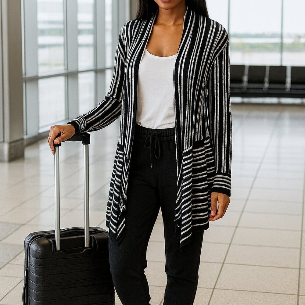 Chico’s Travelers Black White Metallic Striped Cardigan Open Front Lightweight